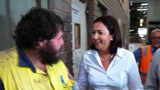 Opposition Leader Annastacia Palaszczuk meets third-year apprentice Corey Messenger at Claypave in Bundamba.