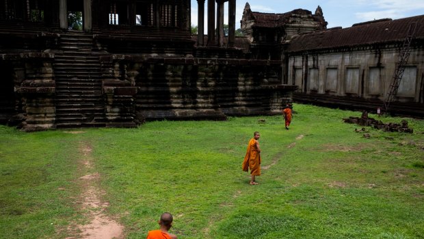 Monks at the Angkor Wat temple in Cambodia. 