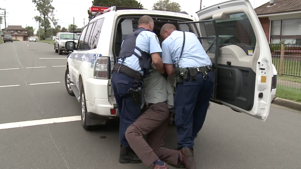 The man is put into the back of a police wagon after parents detained him.