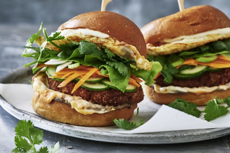 ***EMBARGOED FOR GOOD WEEKEND, MARCH 11/23 ISSUE**
Karen Martini recipe:Â Chicken banh mi burger with soft fried eggs and pickles
Photograph byÂ WilliamÂ MeppemÂ (photographer on contract, no restrictions)