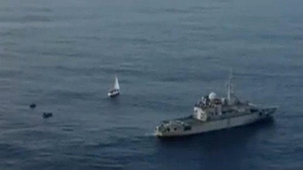 The yacht Vague a L'ame is intercepted by the French Polynesia Armed Forces near Tahiti.