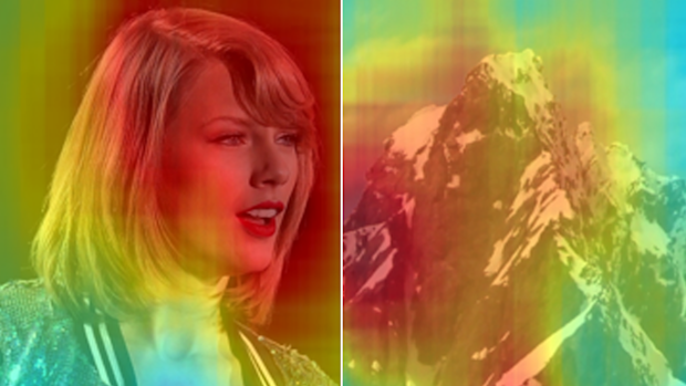 A photograph of Taylor Swift is rated as very memorable with a score of 0.903, whereas a photograph of scenery in New Zealand's Southern Alps is rated is rated low with a score of 0.416.