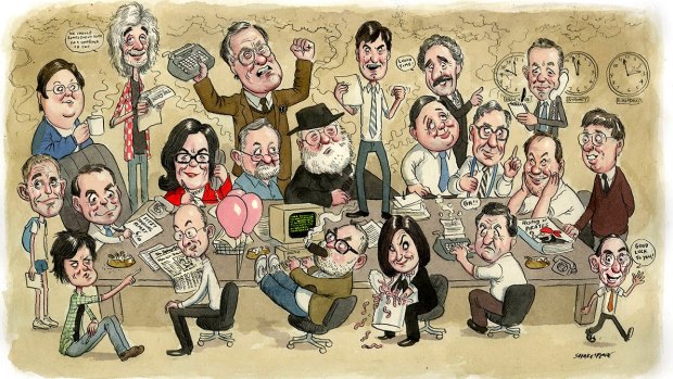 L-R: Harriet Veitch, Doug Anderson, Michelle Grattan, Malcolm Brown, Tony Stephens, Padraic P McGuinness, Richard Glover, Peter Smark, Robert Haupt, Evan Whitton, Peter Hartcher, Peter FitzSimons, Peter Bowers, Bruce Sessle, Alan Ramsey, Kate McClymont, Ross Gittins, Robert Whitehead, John Alexander, Margo Kingston, John Huxley.