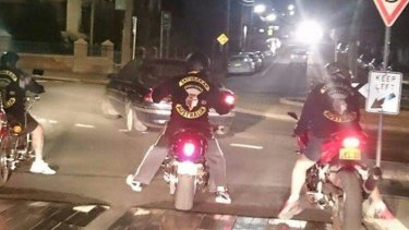 Satudarah outlaw motorcycle club members riding in their colours in Sydney.