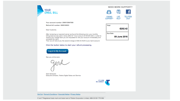 A copy of the fake letter emailed to Telstra customers.