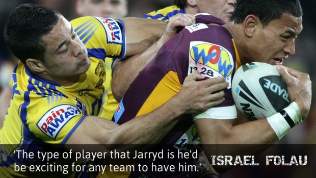 Old foes: Jarryd Hayne and Israel Folau back when they played for Parramatta and the Broncos respectively.