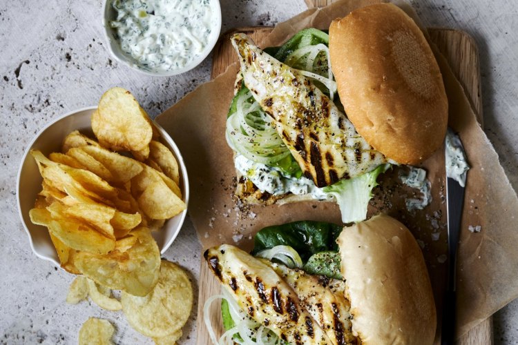 Barbecue fish burger with easy tartare sauce.