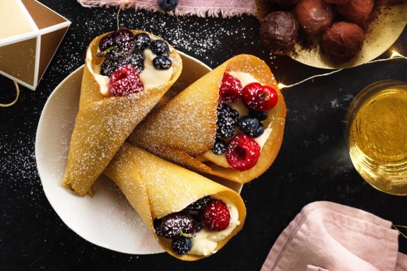 Christmas tuilles filled with Vin Santo cream, berries and cherries.
