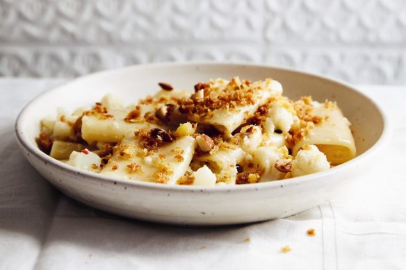 Cauliflower pasta with crunchy breadcrumbs.