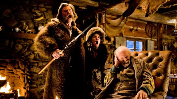 Kurt Russell, from left, Jennifer Jason Leigh, and Bruce Dern in <i>The Hateful Eight</i>.