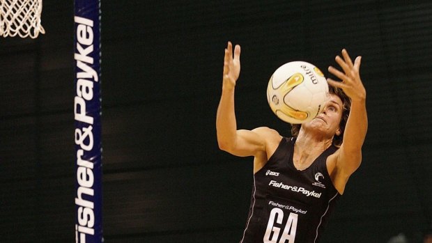 Tania Dalton makes a mid-air catch during the third netball test match between the New Zealand Silver Ferns and Australia in 2006.
