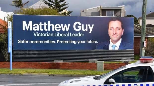 'Safer communities. Protecting your future': A billboard on the Nepean Highway for Matthew Guy.