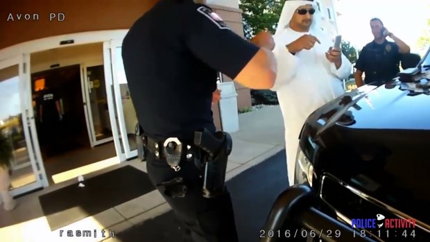 Police bodycam shows Ahmed al-Menhali being approached by officers in the Cleveland suburb of Avon on June 29.