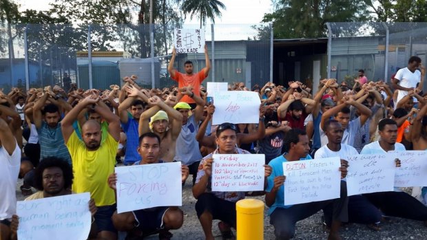 Refugees protest on Manus Island last week.
