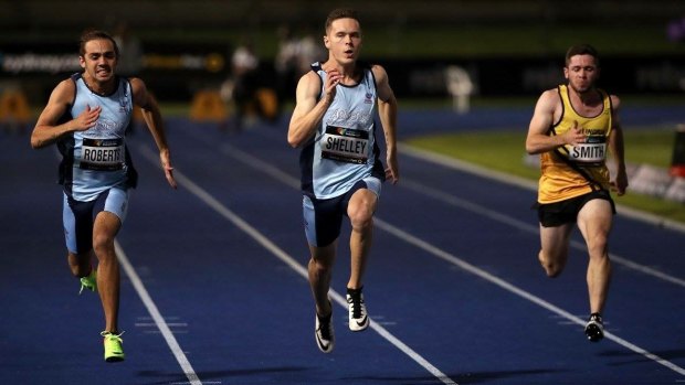 Jordan Shelley (middle) won the 100m under-20 final at the Athletics Australia Championships in Sydney on Monday in 10.52 seconds.