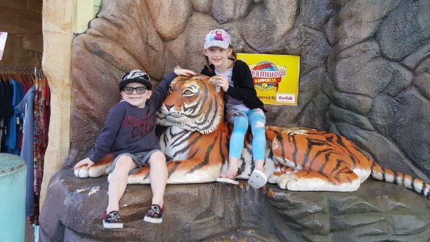Max at Dreamworld with a tiger statue - he hopes to see the real thing up close through a GoFundMe campaign.