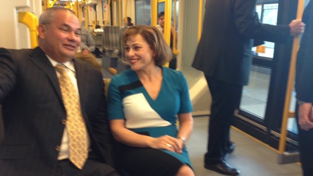 Gold Coast Mayor Tom Tate and Queensland Deputy Premier Jackie Trad take a ride on Gold Coast light rail.