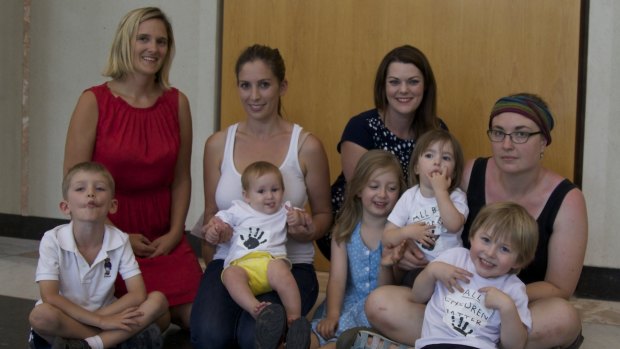 Carly Saeedi (second from left) with Greens senate candidate Christina Hobbs and Senator Sarah Hanson-Young, Aileen Tong and children Zak, Anya, Rose, Sylie, and Leo involved in the sit-in at Parliament House protesting the treatment of asylum seeker baby Asha in February.