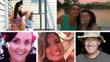 Domestic violence victims who died in 2015: (clockwise from top left) Tara Brown, Karina Lock, Bruce Monaghan, Fabiana Palhares and Adelle Collins.