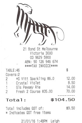 Receipt for lunch with Waleed Aly at Maha.