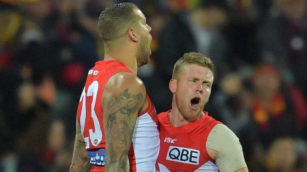 Lance Franklin and Daniel Hannebery  celebrate a goal.