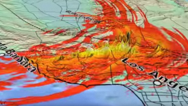 The simulated shaking from a possible magnitude-8 earthquake on the San Andreas fault.
