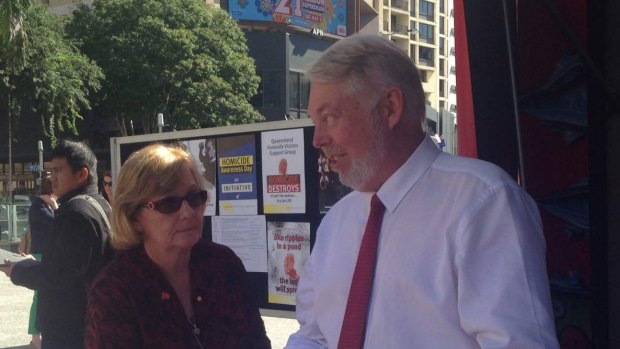 Daniel Morcombe's parents Bruce and Denise in King George Square with the child safety foundation they created in his honour as legal argument in the appeal of his killer is heard a block away.