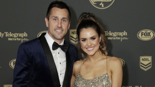 SYDNEY, AUSTRALIA - OCTOBER 02: Mitchell Pearce and Kristin Scott arrive ahead of the 2019 Dally M Awards at Hordern Pavilion on October 02, 2019 in Sydney, Australia. (Photo by Brook Mitchell/Getty Images)