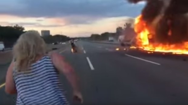 Two trucks explosively burst into flames on the NJ Turnpike.