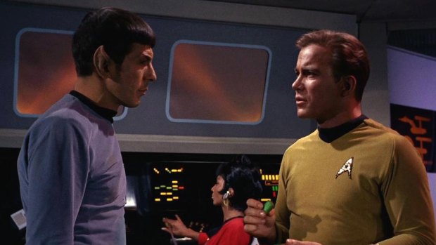 Leonard Nimoy as Mr. Spock and William Shatner as Captain James T. Kirk in a scene from </i>The Man Trap</i> the premiere episode of  </i>Star Trek </i>, which aired on September 8, 1966. Behind them, Uhura, played by Nichelle Nichols, sits at the control panel.
