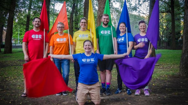 Members of the Capital Queers group wearing their rainbow CBR t-shirts at their final rehearsal before Mardi Gras. Pictured are Rodney Clapham, Ann-Marie Pesticcio,Emma Webster, Michael Smith, Amy Dean, Jolene Mifsud and Hannah Dawson (front).