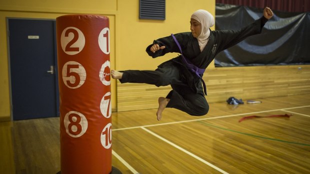 One of Ashleigh's photos to be exhibited as part of Seeing Summer: 17-year-old Saleha Amin from South Granville High taking part in a tae kwon do practice run by Master Ridvan in Auburn. 