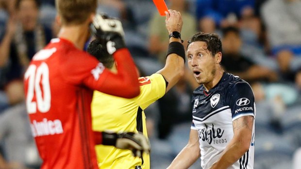 Early shower: Melbourne Victory star Mark Milligan is red-carded.