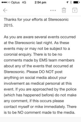 The email sent to Event Medical Services staff.