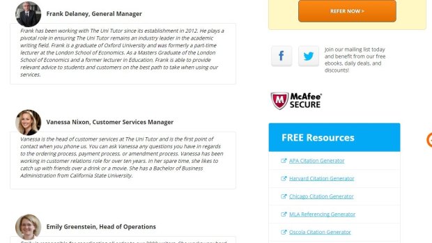 Staff profiles on the Uni Tutor website were taken down after Fairfax Media found they were fake.