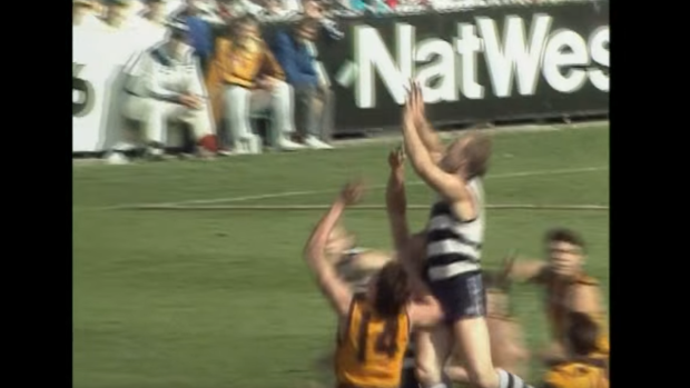 The moment: Gary Ablett soars in the 1989 grand final.