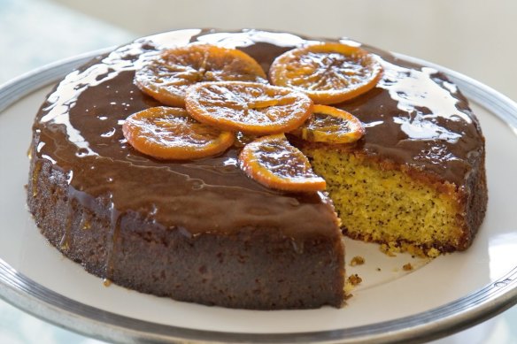 Orange and poppy seed cake with syrup and candied citrus.
