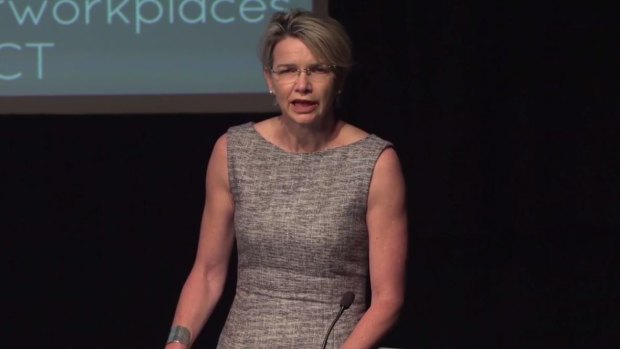 Screen Australia's Fiona Cameron addresses the Safer Workplace Strategies Forum organised by Women in Film and Television NSW and other industry groups in Sydney on Tuesday. 