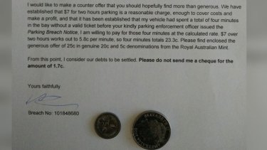 Liam Jones' letter with the 'generously' enclosed 25 cents to Wilson Parking.