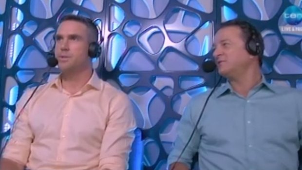 In the box: Kevin Pietersen commentating on the Big Bash League with Mark Waugh.