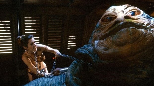 Princess Leia (Carrie Fisher) with Jabba the Hutt in 