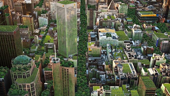 An artist's impression of Melbourne covered in rooftop gardens and roadway park created by Anton Malishev as part of the City of Melbourne's Urban Forest Art and Design competition.