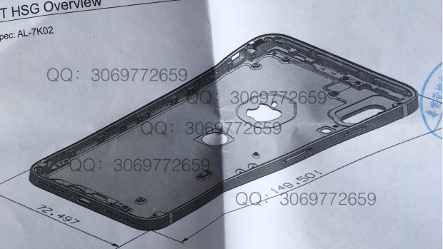 A technical drawing of what appears to be an iPhone.