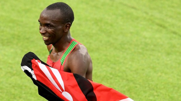Eliud Kipchoge of Kenya celebrates winning gold in the men's marathon in Rio.