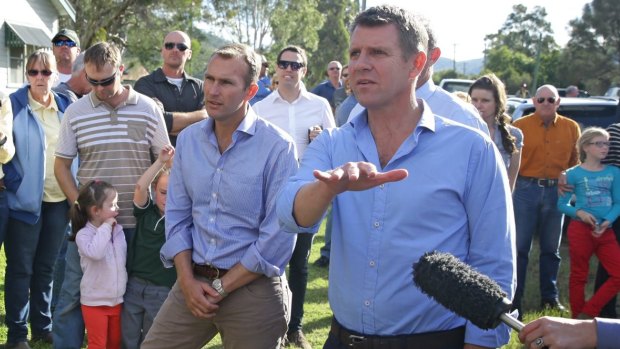 Premier Mike Baird visits the town of Bulga with Planning Minister Rob Stokes in April 2015.