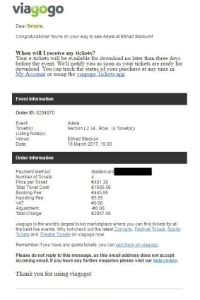Simone's booking from Viagogo. The scalped tickets included a booking fee of nearly $500.