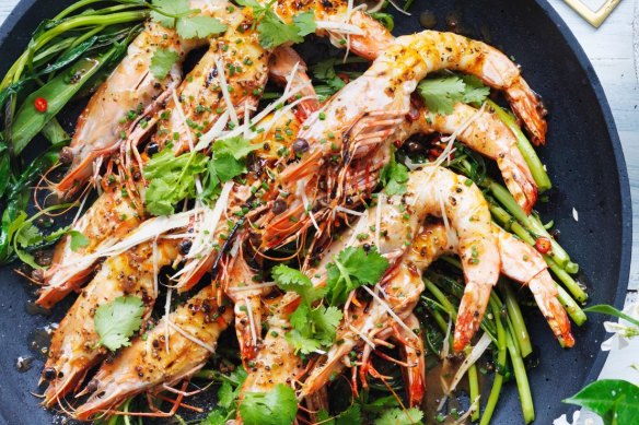 BBQ king prawns with black pepper sauce.