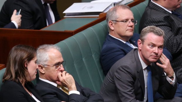 Prime Minister Malcolm Turnbull, Treasurer Scott Morrison and Leader of the House Christopher Pyne after the opposition won three divisions at Parliament House.