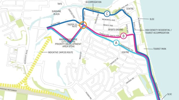 Suggested route options through Maroochydore.