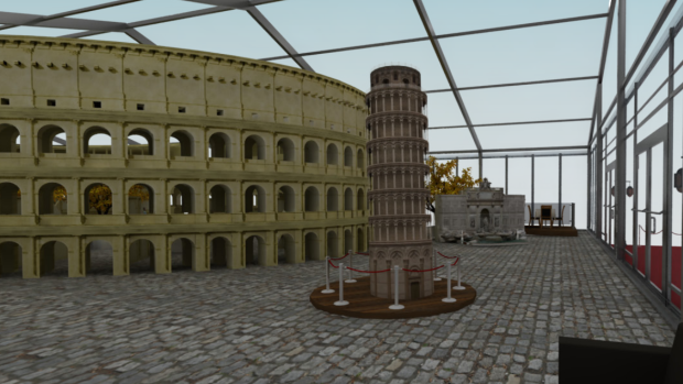 The Leaning Tower of Pisa replica beside the replica of Rome's Colosseum.